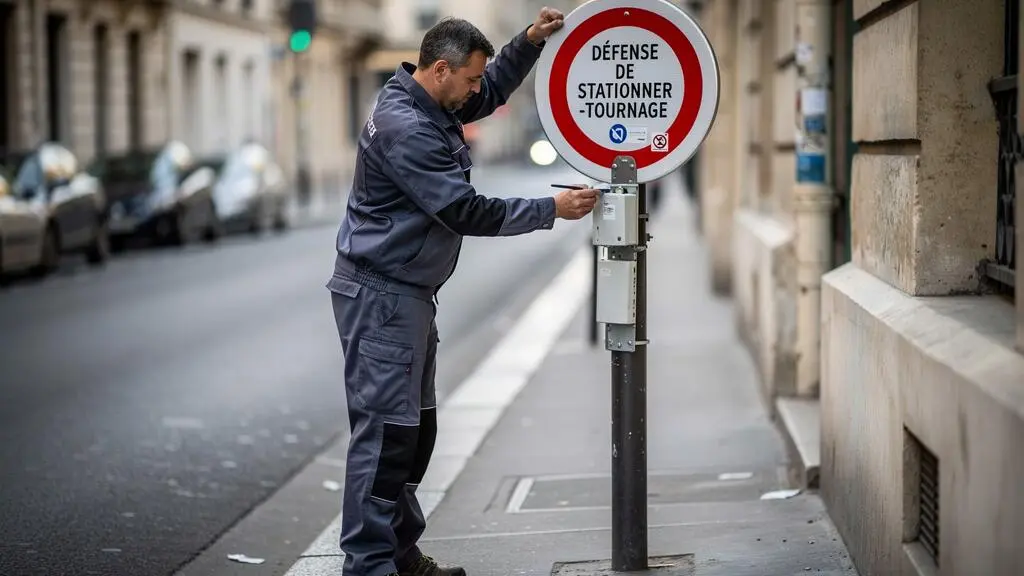 Technicien installant un panneau temporaire d'interdiction de stationner pour un tournage sur un poteau dans une rue parisienne