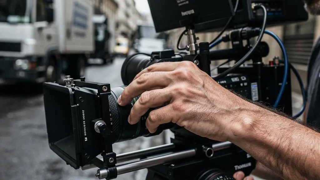 Mains d'un technicien manipulant du matériel de cinéma professionnel sur un emplacement réservé par ventousage à Paris